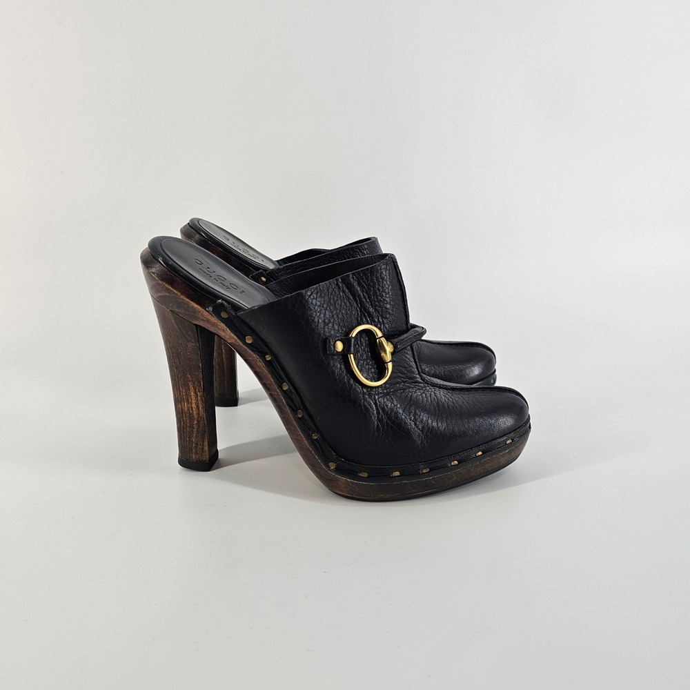 Gucci Leather Clog Mules Women 5.5B Black Horsebit Wood Platform Heels Y2K 90s